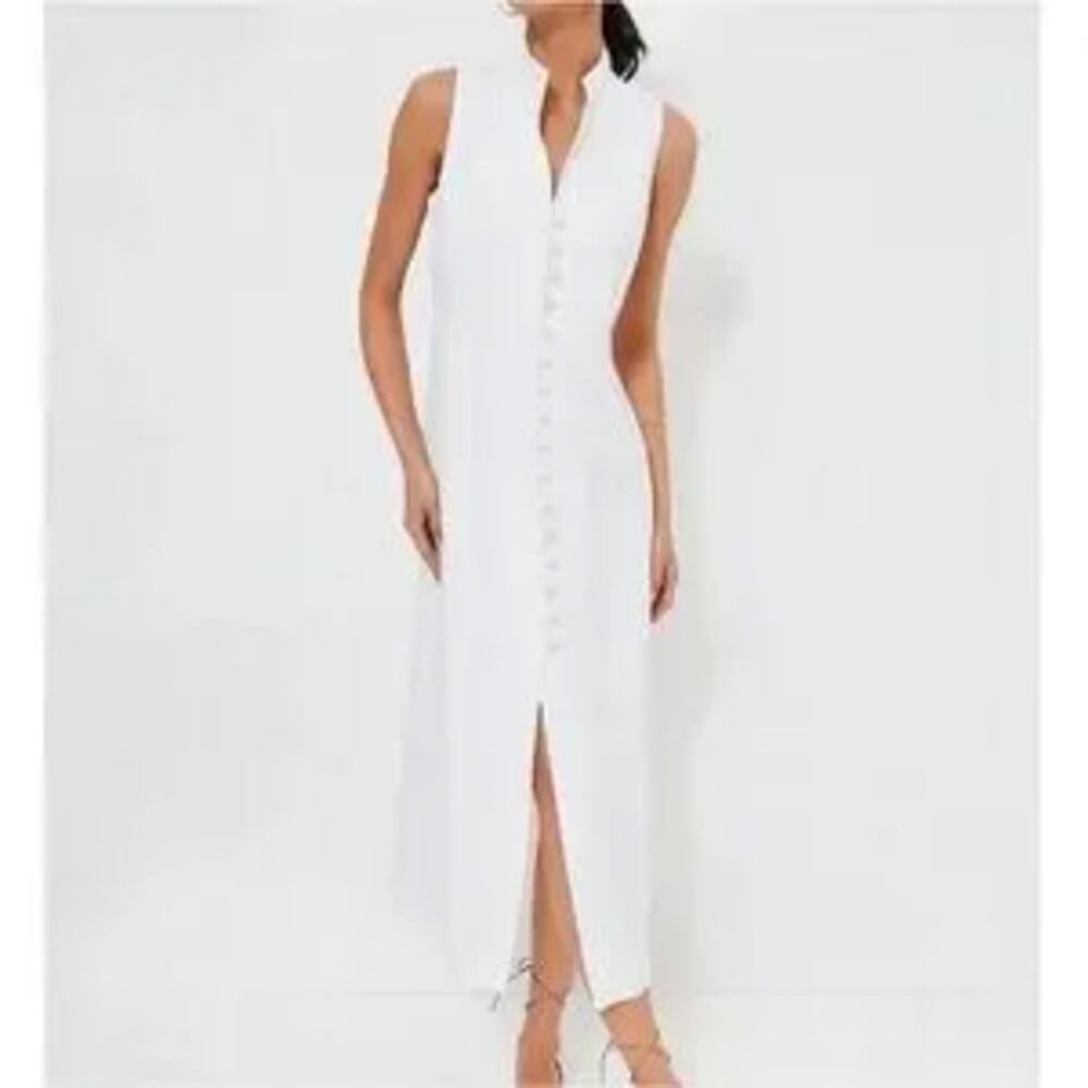 Tuckernuck White Leighton Midi Dress Medium Linen Blend Raffia Button Resort - Picture 6 of 7